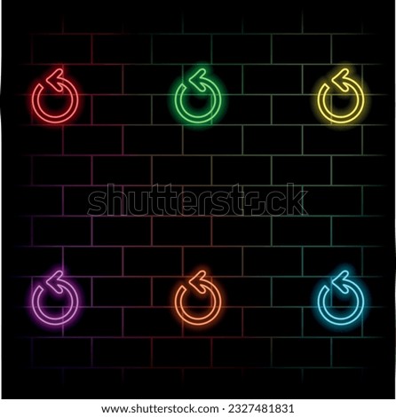 Glowing neon refresh icon isolated on brick wall background. Reload symbol. Rotation arrows in a circle sign. Vector illustration. many colors.