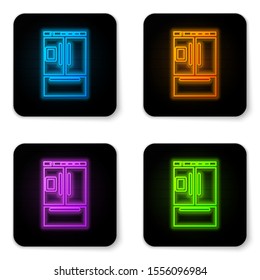 Glowing neon Refrigerator icon isolated on white background. Fridge freezer refrigerator. Household tech and appliances. Black square button. Vector Illustration