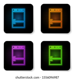 Glowing neon Refrigerator icon isolated on white background. Fridge freezer refrigerator. Household tech and appliances. Black square button. Vector Illustration