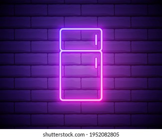 Glowing neon Refrigerator icon isolated on brick wall background. Fridge freezer refrigerator. Household tech and appliances. Vector Illustration.