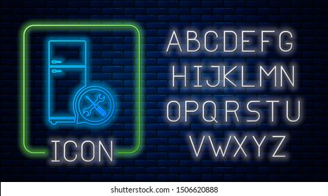 Glowing neon Refrigerator with screwdriver and wrench icon isolated on brick wall background. Neon light alphabet. Vector Illustration