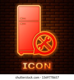 Glowing neon Refrigerator with screwdriver and wrench icon isolated on brick wall background. Adjusting, service, setting, maintenance, repair, fixing.  Vector Illustration