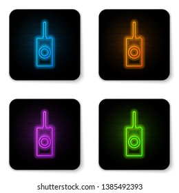 Glowing neon Remote control icon isolated on white background. Black square button. Vector Illustration