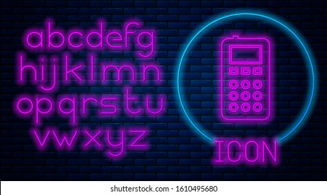 Glowing neon Remote control icon isolated on brick wall background. Neon light alphabet. Vector Illustration