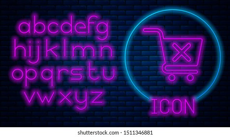 Glowing neon Remove shopping cart icon isolated on brick wall background. Online buying concept. Delivery service sign. Supermarket basket and X mark. Neon light alphabet. Vector Illustration