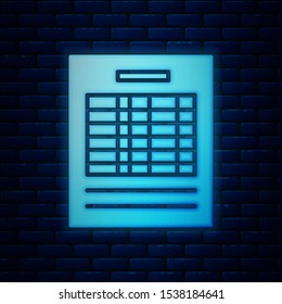 Glowing neon Report file document icon isolated on brick wall background. Checklist icon. Business concept.  Vector Illustration