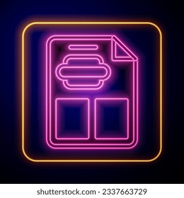 Glowing neon Restaurant cafe menu icon isolated on black background.  Vector
