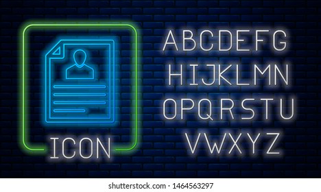 Glowing neon Resume icon isolated on brick wall background. CV application. Searching professional staff. Analyzing personnel resume. Neon light alphabet. Vector Illustration