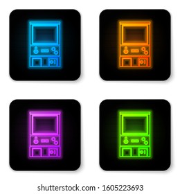Glowing neon Retro arcade game machine icon isolated on white background. Black square button. Vector Illustration