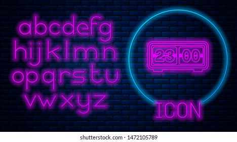 Glowing neon Retro flip clock icon isolated on brick wall background. Wall flap clock, number counter template, all digits with flips. Neon light alphabet. Vector Illustration