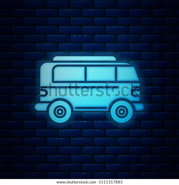 Glowing\
neon Retro minivan icon isolated on brick wall background. Old\
retro classic traveling van.  Vector\
Illustration