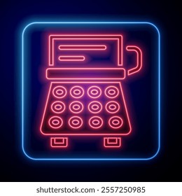 Glowing neon Retro typewriter and paper sheet icon isolated on black background.  Vector