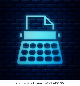 Glowing neon Retro typewriter and paper sheet icon isolated on brick wall background.  Vector