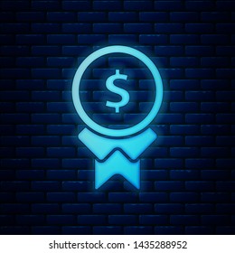 Glowing Neon Reward For Good Work Icon Isolated On Brick Wall Background. Employee Of The Month, Talent Award, Outstanding Achievement, Successful Person.  Vector Illustration