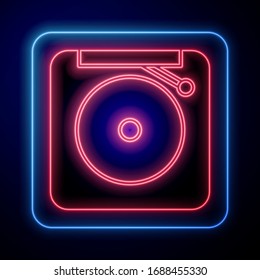 Glowing neon Ringing alarm bell icon isolated on blue background. Fire alarm system. Service bell, handbell sign, notification symbol.  Vector Illustration