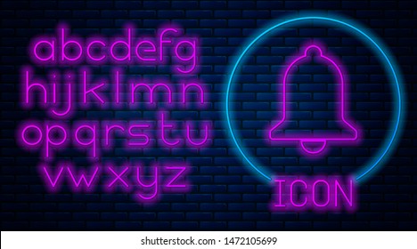 Glowing neon Ringing bell icon isolated on brick wall background. Alarm symbol, service bell, handbell sign, notification symbol. Neon light alphabet. Vector Illustration