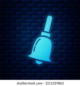 Glowing neon Ringing bell icon isolated on brick wall background. Alarm symbol, service bell, handbell sign, notification symbol.  Vector Illustration