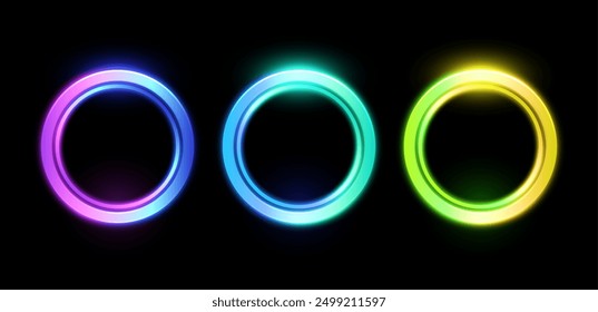 Glowing neon rings set. Vector illustration of three colorful neon circles in pink, blue, and green on a black background. Perfect for digital designs, posters, and futuristic themes.