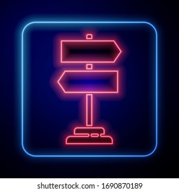 Glowing neon Road traffic sign. Signpost icon isolated on blue background. Pointer symbol. Isolated street information sign. Direction sign.  Vector Illustration