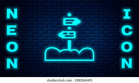 Señal de tráfico de neón brillante. Icono de la señal aislado en el fondo de la pared de ladrillo. Símbolo de puntero. Señal de información de la calle. Señal de dirección.  Vector