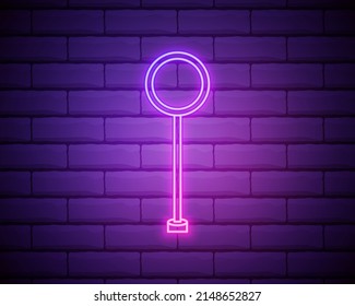 Glowing neon Road traffic sign. Signpost icon isolated on brick wall background. Pointer symbol. Isolated street information sign. Direction sign. Vector.