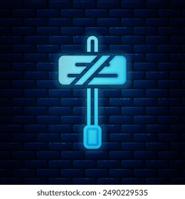 Glowing neon Road traffic sign. Signpost icon isolated on brick wall background. Pointer symbol. Isolated street information sign. Direction sign.  Vector