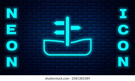 Glowing neon Road traffic sign. Signpost icon isolated on brick wall background. Pointer symbol. Isolated street information sign. Direction sign.  Vector