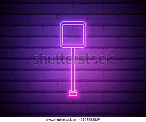 Glowing neon Road traffic sign.\
Signpost icon isolated on brick wall background. Pointer symbol.\
Isolated street information sign. Direction sign.\
Vector.
