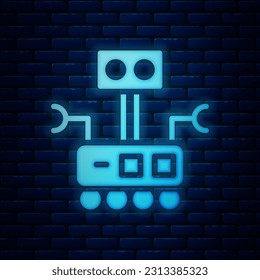 Glowing neon Robot icon isolated on brick wall background. Artificial intelligence, machine learning, cloud computing.  Vector