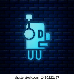 Glowing neon Robot icon isolated on brick wall background. Artificial intelligence, machine learning, cloud computing.  Vector