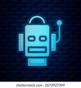 Glowing neon Robot icon isolated on brick wall background. Artificial intelligence, machine learning, cloud computing.  Vector