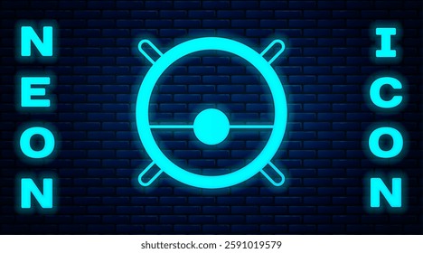 Glowing neon Robot vacuum cleaner icon isolated on brick wall background. Home smart appliance for automatic vacuuming, digital device for house cleaning.  Vector