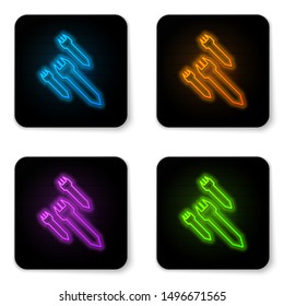 Glowing neon Rocket icon isolated on white background. Black square button. Vector Illustration