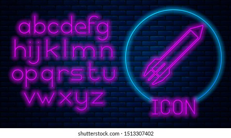 Glowing neon Rocket icon isolated on brick wall background. Neon light alphabet. Vector Illustration