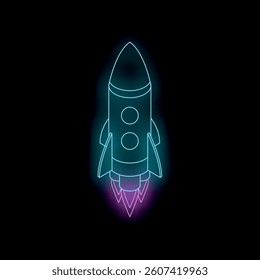 Glowing neon rocket ship launching upward with flames coming out of the bottom