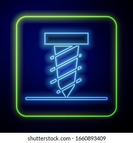 Glowing neon Rotating drill digging a hole in a ground icon isolated on blue background.  Vector Illustration