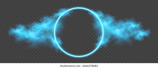 Leuchtender Neonrahmen mit blauem Nebeleffekt und funkelnden magischen Partikeln auf transparentem Hintergrund. Abstraktes Design für Fantasy-Konzept, stylische Banner oder moderne Visuals. Vektorgrafik.