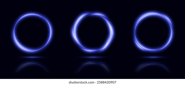 Glowing neon round frame. Collection of round glowing neon lights on dark background with space for objects.