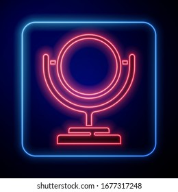 Glühende Neon Runde Spiegelsymbol einzeln auf blauem Hintergrund. Vektorillustration-Illustration