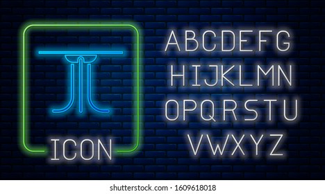 Glowing neon Round table icon isolated on brick wall background. Neon light alphabet. Vector Illustration