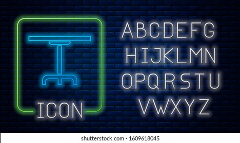 Glowing neon Round table icon isolated on brick wall background. Neon light alphabet. Vector Illustration
