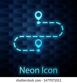 Glowing neon Route location icon isolated on brick wall background. Map pointer sign. Concept of path or road. GPS navigator.  Vector Illustration
