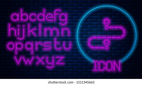 Glowing neon Route location icon isolated on brick wall background. Map pointer sign. Concept of path or road. GPS navigator. Neon light alphabet. Vector Illustration