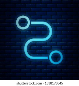 Glowing neon Route location icon isolated on brick wall background. Map pointer sign. Concept of path or road. GPS navigator.  Vector Illustration