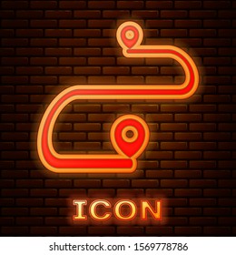 Glowing neon Route location icon isolated on brick wall background. Map pointer sign. Concept of path or road. GPS navigator.  Vector Illustration