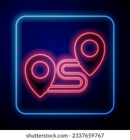 Glowing neon Route location icon isolated on black background. Map pointer sign. Concept of path or road. GPS navigator.  Vector