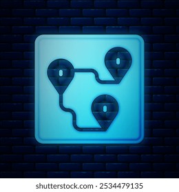 Glowing neon Route location icon isolated on brick wall background. Map pointer sign. Concept of path or road. GPS navigator.  Vector