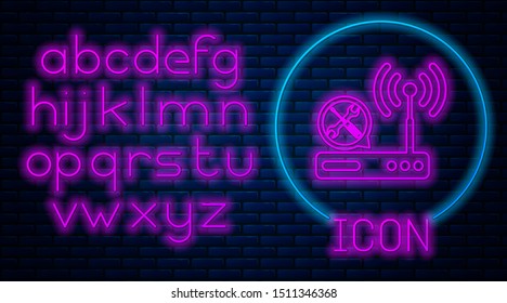 Glowing neon Router wi-fi with screwdriver and wrench icon isolated on brick wall background. Adjusting, service, setting, maintenance, repair, fixing. Neon light alphabet. Vector Illustration