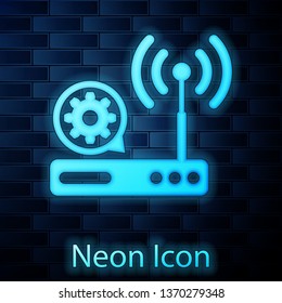 Glowing neon Router and wi-fi signal and gear icon isolated on brick wall background. Adjusting app, service concept, setting options, maintenance, repair, fixing. Vector Illustration