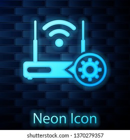 Glowing neon Router and wi-fi signal and gear icon isolated on brick wall background. Adjusting app, service concept, setting options, maintenance, repair, fixing. Vector Illustration